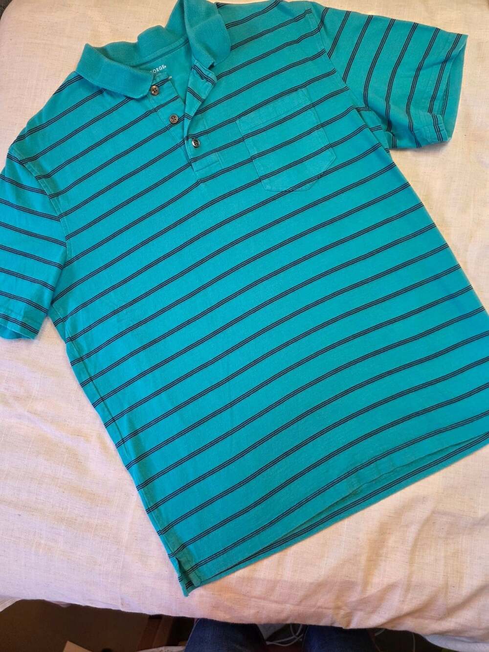 George Men's Striped Polo Shirt Size L 42-44 Jade Oil Stripe Pocket